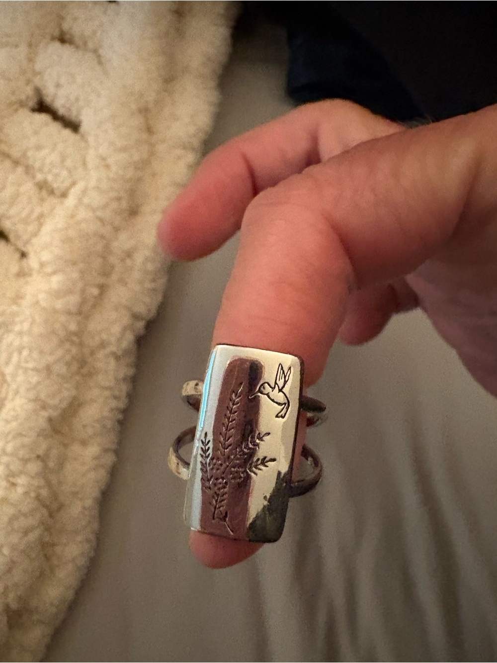 Silver Rectangular Floral & Bird Statement Ring